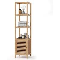 Gymax 140cm Bathroom Floor Cabinet Slim Tower Rack With Shuttered Door-Natural in Khaki