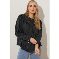 Long Tall Sally Women's Tall Broderie Bib Blouse in Black | Size: 16