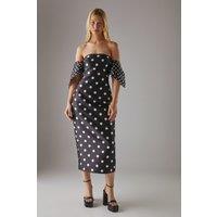 Spot Structured Puff Sleeve Bardot Midi Dress