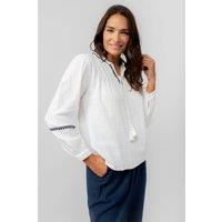 Lily & Me Women's Lori Pretty Notch Neck Crinkle Cotton Top with Blouson Sleeves in White | Size: 14