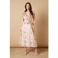 Oasis Women's Floral Ruffle Detail V Neck Midi Dress in Green | Size: 10