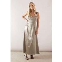Wallis Women's Petite Occasion Satin Lace Detail Maxi Dress in Champagne | Size: 10