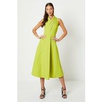 Crepe Pleat Collar Full Skirt Midi Dress