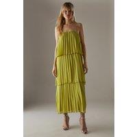 Chiffon Pleated Tier Strappy Midi Dress