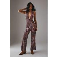 Warehouse Women's HCD Paisley Devore Plunge Neck Halter Jumpsuit in Rust | Size: 10