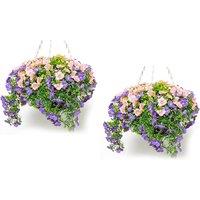 Primrose Pair of Large Artificial Petunia Flowers Rattan Hanging Basket Decoration Purple & Pink 30cm in Green