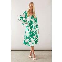 Wallis Women's Petite Floral Satin Wrap Midi Dress in Green | Size: 12