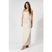 MissPap Women's Satin Bandeau Corset Drape Maxi Dress in Champagne | Size: 10