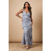 Oasis Women's Sequin Lace Ruffle Detail Midaxi Dress in Slate Grey | Size: 10