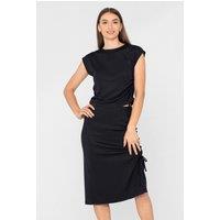 Enorsia Women's Ruched Crew Neck Top & Midi Skirt Co-ord in Black | Size: 8