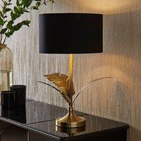 ValueLights Christina Fabric with Gold Inner Drum Shade Gold Palm Leaf Table Lamp with Bulb in Black
