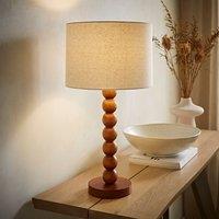 ValueLights Wyatt Natural Linen Drum Lamp Shade Walnut Wood Bobbin Table Lamp
