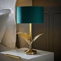 ValueLights Christina Velvet with Gold Inner Drum Shade Gold Palm Leaf Table Lamp with Bulb in Bottle Green