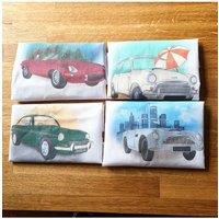 Afewhometruths Men's Personalised Set Of Four Handkerchiefs With Classic Cars in White