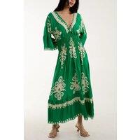 HOXTON GAL Women's Relaxed Fit 3/4 Sleeves V Neck Printed Maxi Dress in Green