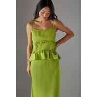 Warehouse Women's Petite Satin Strappy Seam Detail Peplum Midi Dress in Chartreuse | Size: 12