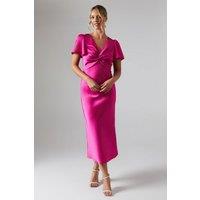 Oasis Women's Bright Pink Satin Twist Front Angel Sleeve Midi Bridesmaid Dress | Size: 8