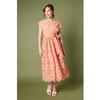 Coast Women's Lace V Neck Belted Midi Holiday Dress in Peach | Size: 10