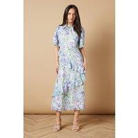 Oasis Women's Occasion Floral Asymmetric Ruffle Jacquard Midi Dress in Blue | Size: 12