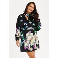 Liquorish Women's Elegant Floral Print Mini Wrap Dress With Cut Out Detail in Black | Size: 8