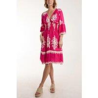 HOXTON GAL Women's Relaxed Fit 3/4 Sleeves V Neck Printed Knee Lenght Dress in Pink