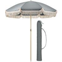 Christow Portable Parasol Beach Garden Tilting Umbrella Fringed Tassel Sun Shade UV50+ 2m in Grey