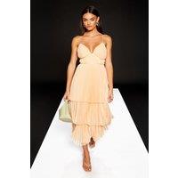 RUNWAY 1.8.1.8 Women's Pleated Bodice Strappy Tiered Dress in Peach | Size: 8