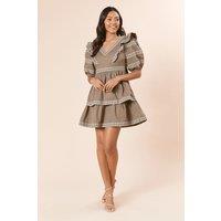 Dorothy Perkins Women's Embroidered Trim Ruffle Shoulder Mini Dress in Khaki | Size: 12