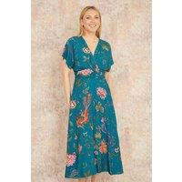 Yumi Women's Teal Bird & Floral Print Ruched Waist Kimono Midi Dress | Size: 10