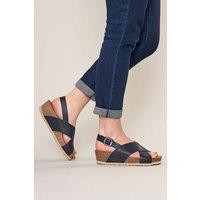 Moshulu Women's 'Harlyn' Leather Cross-Over Cork Wedge Sandals in Indigo | Size: 5