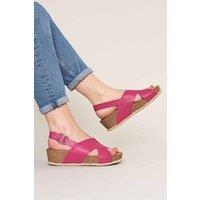 Moshulu Women's 'Harlyn' Leather Cross-Over Cork Wedge Sandals in Fuchsia | Size: 6