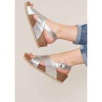 Moshulu Women's 'Harlyn' Leather Cross-Over Cork Wedge Sandals in Metallic Silver | Size: 6