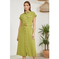 Yumi Women's Green Viscose Linen Look Midi Shirt Dress With Wooden Belt in Light Green | Size: 14