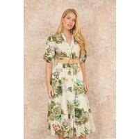 Yumi Women's Green Cotton Broderie Anglaise Midi Shirt Dress | Size: Small