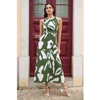 Yumi Women's Green Cotton Abstract Print Maxi Dress With Tie Back | Size: 16