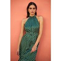 Yumi Women's Green Spot Print Halter Midi Dress With Matching Belt | Size: 16