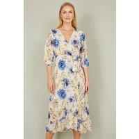 Yumi Women's Cream Vintage Floral Wrap Midi Dress With Frill | Size: 8