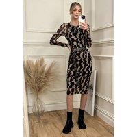 Jolie Moi Women's Print Long Sleeve Mesh Bodycon Dress in Brown | Size: 16