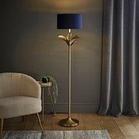 ValueLights Christina Velvet with Gold Inner Drum Shade Gold Palm Leaf Floor Lamp with Bulb in Navy