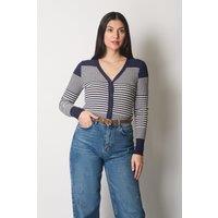 SOLO Women's Striped Ribbed Knit Cardigan in Navy | Size: 10