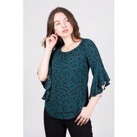 SOLO Women's Teal Floral Ruffle-Sleeve Top in Blue | Size: 10