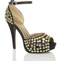 AJVANI Women's High Heel Gem Ankle Strap Peep Toe Satin 2 Part Heels in True Black | Size: 5