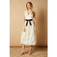 Oasis Women's Floral Bow Detail V Neck Midi Dress in Ivory | Size: 10