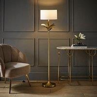 ValueLights Christina Fabric Drum Shade Gold Palm Leaf Detail Single Stem Floor Lamp in White