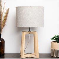 K LIVING Natural Wooden Table Lamp with Linen Look Shade Criss Cross Legs