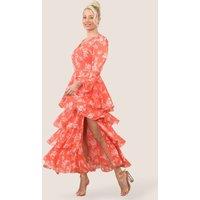 ELAINA FASHION Women's Radiance Chiffon Ruffle Maxi Dress in Coral | Size: 16