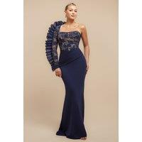 Goddiva Women's One Shoulder Organza Fan Detail Lace Bodice Maxi Dress in Navy | Size: 8