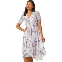 Roman Women's Floral Print Hanky Hem Midi Dress in Light Pink | Size: 12
