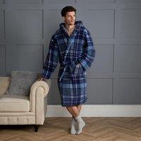 OHS Women's Teddy Dressing Gown Tartan Check Plush Soft Hooded Cosy Loungewear Robe in Dark Navy