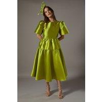 Twill Puff Sleeve Midi Dress